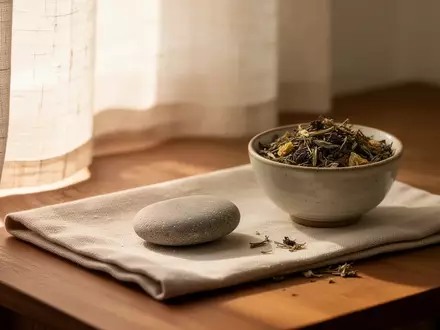 Ein glatter Stein und getrocknete TeeblĂ€tter auf einem Holztisch in weichem, natĂŒrlichem Licht. - Foto: ĂŒber boerse-global.de