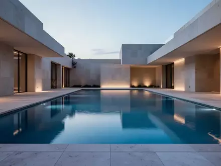 Ein modernes, minimalistisches Schwimmbad bei Dämmerung mit klarem Wasser und architektonischen Linien. - Foto: über boerse-global.de