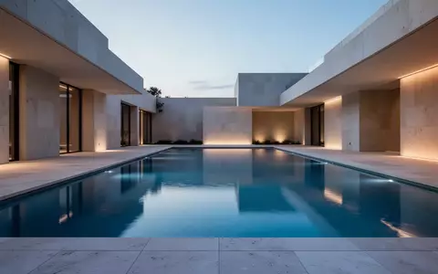 Ein modernes, minimalistisches Schwimmbad bei Dämmerung mit klarem Wasser und architektonischen Linien. - Foto: über boerse-global.de