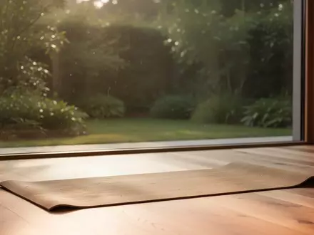 Ein minimalistischer Raum mit einer Yogamatte auf einem Holzboden und Blick in einen ruhigen Garten bei natürlichem Licht. - Foto: über boerse-global.de