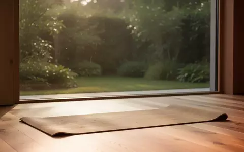 Ein minimalistischer Raum mit einer Yogamatte auf einem Holzboden und Blick in einen ruhigen Garten bei natürlichem Licht. - Foto: über boerse-global.de