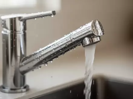 Ein moderner Wasserhahn aus Edelstahl in einer minimalistischen Küche mit Wassertropfen auf der Oberfläche. - Foto: über boerse-global.de