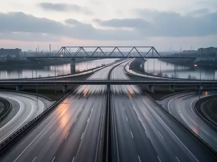Eine leere Autobahnkreuzung bei Dämmerung mit einer Stahlbrücke über einem Fluss in einer urbanen Industrielandschaft. - Foto: über boerse-global.de