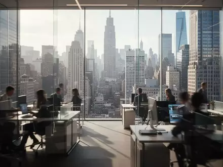 Ein modernes, sonnendurchflutetes Büro mit Blick auf ein Finanzviertel, das eine professionelle und wachstumsorientierte Atmosphäre vermittelt. - Foto: über boerse-global.de