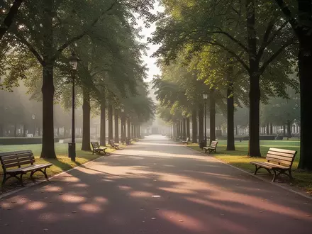 Ein sonniger, barrierefreier Spazierweg in einem öffentlichen Stadtpark mit Sitzbänken und Bäumen. - Foto: über boerse-global.de