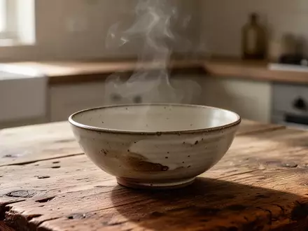 Eine leere, rustikale Keramikschale auf einem Holztisch in einer hellen Küche bei natürlichem Lichteinfall. - Foto: über boerse-global.de
