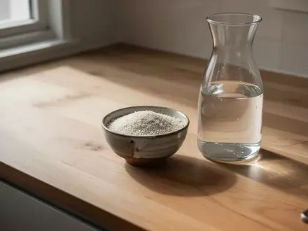 Eine minimalistische Holzküche mit einer Schale voll weißer Sesamsamen und einer Glaskaraffe mit Wasser im Sonnenlicht. - Foto: über boerse-global.de