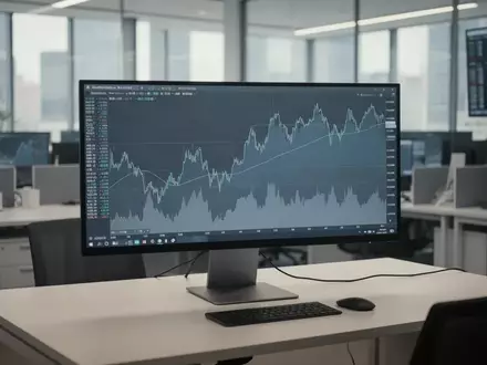 Ein moderner, ruhiger Arbeitsplatz an der Börse mit abstrakten Marktdaten auf einem Monitor. - Foto: über boerse-global.de
