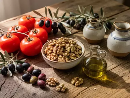 Frische mediterrane Lebensmittel wie Tomaten, Oliven und Walnüsse auf einem rustikalen Holztisch bei natürlichem Licht. - Foto: über boerse-global.de