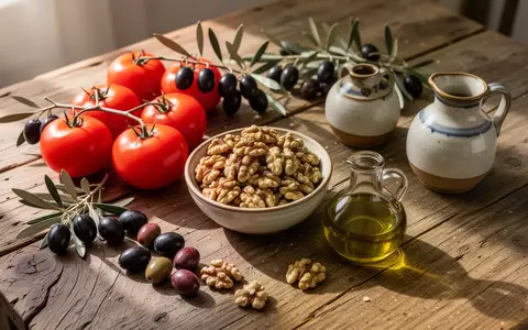 Frische mediterrane Lebensmittel wie Tomaten, Oliven und Walnüsse auf einem rustikalen Holztisch bei natürlichem Licht. - Foto: über boerse-global.de