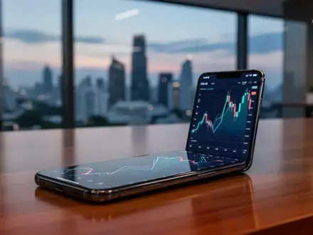 Ein modernes Büro in Bangkok mit Blick auf die Skyline, auf dem Tisch liegt ein Smartphone mit einem abstrakten Marktchart. - Foto: über boerse-global.de
