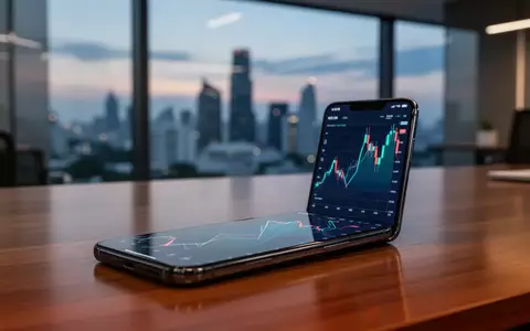 Ein modernes Büro in Bangkok mit Blick auf die Skyline, auf dem Tisch liegt ein Smartphone mit einem abstrakten Marktchart. - Foto: über boerse-global.de