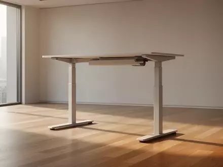 Ein heller, minimalistischer Büroraum mit einem leeren, höhenverstellbaren Schreibtisch in einer aufrechten Position. - Foto: über boerse-global.de
