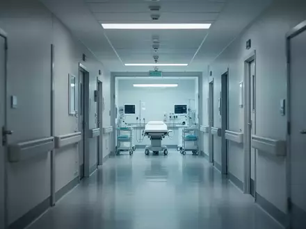 Ein heller, steriler Krankenhausflur in einer modernen medizinischen Einrichtung ohne Personen. - Foto: über boerse-global.de
