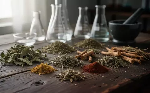 Nahaufnahme von getrockneten Heilpflanzen und Kräutern auf einem Holztisch in einem Laborumfeld. - Foto: über boerse-global.de