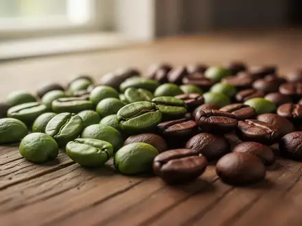 Nahaufnahme von rohen grünen und gerösteten Kaffeebohnen auf einem hölzernen Untergrund bei natürlichem Licht. - Foto: über boerse-global.de