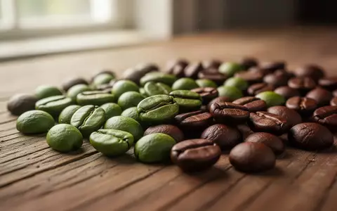 Nahaufnahme von rohen grünen und gerösteten Kaffeebohnen auf einem hölzernen Untergrund bei natürlichem Licht. - Foto: über boerse-global.de