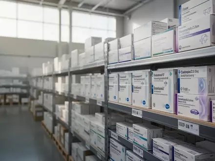Moderne Lagerhalle eines Pharmaunternehmens mit ordentlich gestapelten Produktverpackungen in Regalen. - Foto: über boerse-global.de