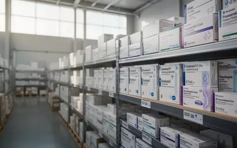 Moderne Lagerhalle eines Pharmaunternehmens mit ordentlich gestapelten Produktverpackungen in Regalen. - Foto: über boerse-global.de