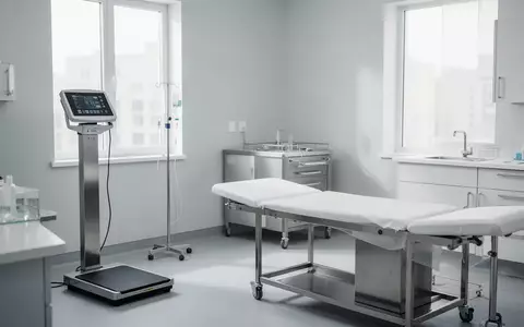 Ein steriler, moderner medizinischer Untersuchungsraum mit einer Waage und einer Untersuchungsliege bei Tageslicht. - Foto: über boerse-global.de