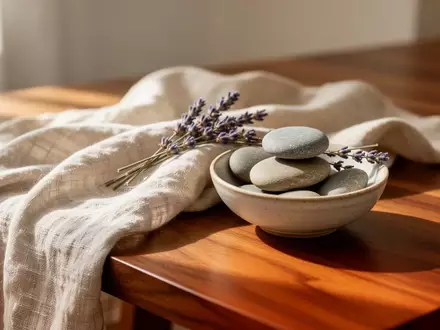 Ein minimalistisches, ruhiges Interieur mit glatten Flusssteinen und Lavendel auf einem Holztisch bei natürlichem Licht. - Foto: über boerse-global.de