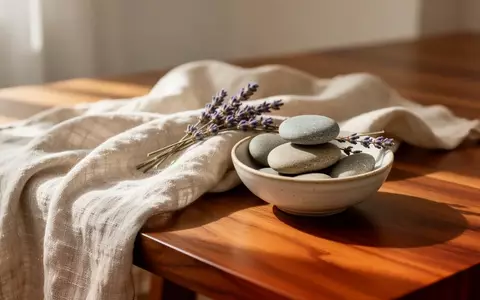 Ein minimalistisches, ruhiges Interieur mit glatten Flusssteinen und Lavendel auf einem Holztisch bei natürlichem Licht. - Foto: über boerse-global.de