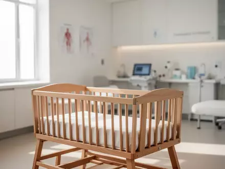 Ein helles, minimalistisches Behandlungszimmer mit einer hölzernen Wiege in einer medizinischen Umgebung. - Foto: über boerse-global.de