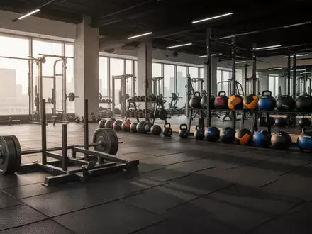 Modern ausgestatteter Fitnessbereich mit speziellen Trainingsgeräten für Kraft- und Ausdauertraining auf schwarzem Boden. - Foto: über boerse-global.de