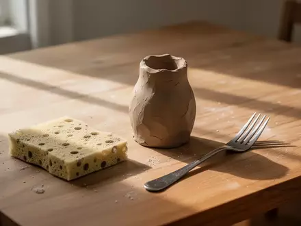 Unbearbeitete Tonfigur auf einem Holztisch mit einem Schwamm und einer Gabel bei natürlichem Licht. - Foto: über boerse-global.de