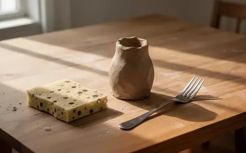 Unbearbeitete Tonfigur auf einem Holztisch mit einem Schwamm und einer Gabel bei natürlichem Licht. - Foto: über boerse-global.de