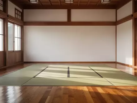 Ein heller, minimalistischer Trainingsraum mit poliertem Holzboden und Tatami-Matten in einem traditionellen Dojo. - Foto: über boerse-global.de