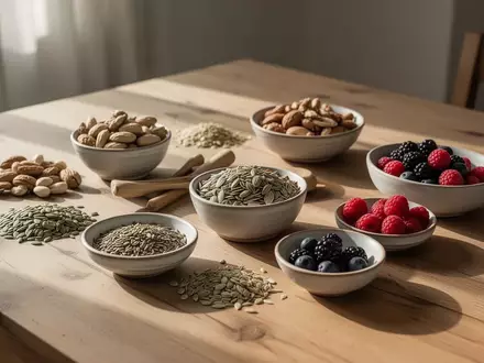 Eine Ansammlung von verschiedenen Nüssen, Samen und frischen Beeren in Keramikschalen auf einem Holztisch bei natürlichem Morgenlicht. - Foto: über boerse-global.de