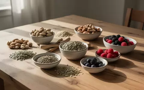 Eine Ansammlung von verschiedenen Nüssen, Samen und frischen Beeren in Keramikschalen auf einem Holztisch bei natürlichem Morgenlicht. - Foto: über boerse-global.de