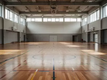 Leere, lichtdurchflutete Sporthalle mit markiertem Holzboden in einer modernen Sportstätte. - Foto: über boerse-global.de