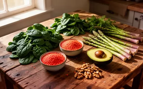 Frisches grünes Blattgemüse, Avocados, Linsen und Nüsse auf einem rustikalen Holztisch bei natürlichem Tageslicht. - Foto: über boerse-global.de