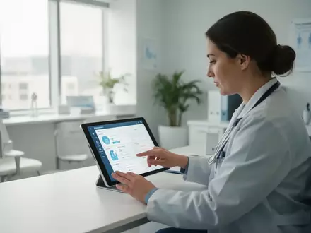 Eine medizinische Fachkraft nutzt ein Tablet in einer modernen Klinik für die digitale Patientenversorgung. - Foto: über boerse-global.de