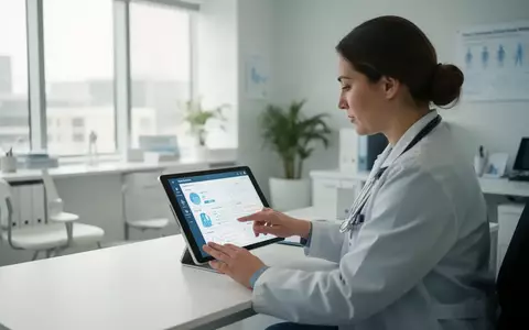Eine medizinische Fachkraft nutzt ein Tablet in einer modernen Klinik für die digitale Patientenversorgung. - Foto: über boerse-global.de