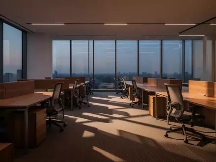 Ein modernes, minimalistisches Büro mit leeren Arbeitsplätzen bei Dämmerlicht und weichem Lichteinfall durch große Fenster. - Foto: über boerse-global.de