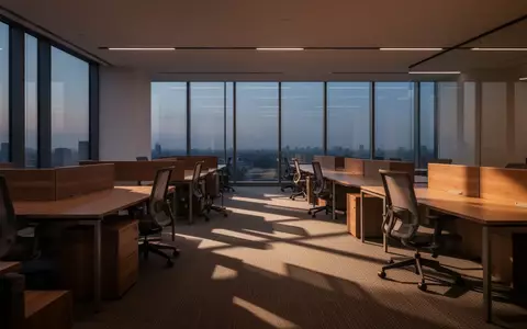 Ein modernes, minimalistisches Büro mit leeren Arbeitsplätzen bei Dämmerlicht und weichem Lichteinfall durch große Fenster. - Foto: über boerse-global.de