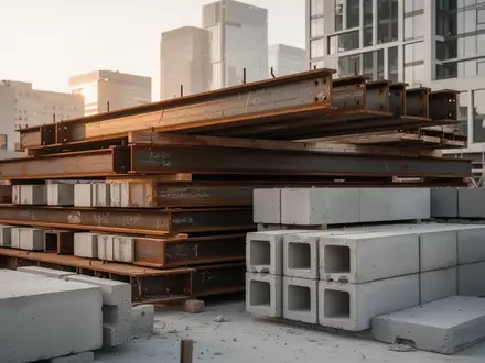Gestapelte Baumaterialien wie Stahlträger und Betonblöcke auf einer Baustelle als Symbol für zirkuläres Bauen. - Foto: über boerse-global.de