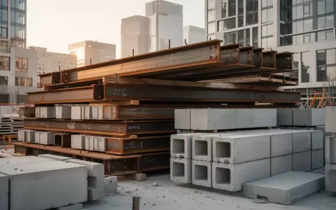 Gestapelte Baumaterialien wie Stahlträger und Betonblöcke auf einer Baustelle als Symbol für zirkuläres Bauen. - Foto: über boerse-global.de
