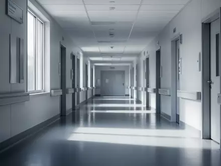 Ein heller, minimalistischer Krankenhausflur mit einfallendem Tageslicht und langen Schatten auf einem polierten Boden. - Foto: über boerse-global.de