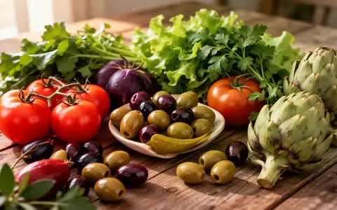 Frische mediterrane Gemüsesorten wie Tomaten, Oliven und Artischocken auf einem rustikalen Holztisch. - Foto: über boerse-global.de