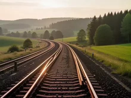 Eine weitläufige, leere Eisenbahnstrecke in einer ländlichen Landschaft bei Sonnenuntergang. - Foto: über boerse-global.de