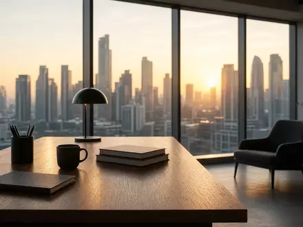 Ein minimalistisches, modernes Büro mit Blick auf ein Finanzviertel während der goldenen Stunde. - Foto: über boerse-global.de