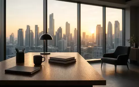 Ein minimalistisches, modernes Büro mit Blick auf ein Finanzviertel während der goldenen Stunde. - Foto: über boerse-global.de