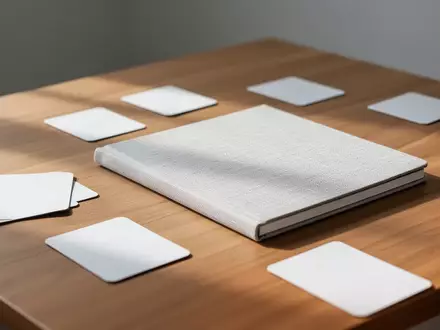 Ein minimalistischer Holztisch mit verstreuten, leeren Spielkarten und einem Notizbuch in weichem, natürlichem Licht. - Foto: über boerse-global.de