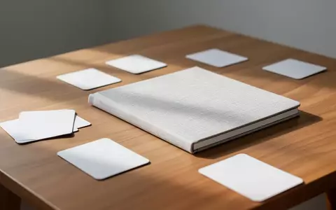 Ein minimalistischer Holztisch mit verstreuten, leeren Spielkarten und einem Notizbuch in weichem, natürlichem Licht. - Foto: über boerse-global.de