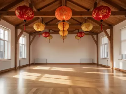 Ein heller, minimalistischer Übungsraum in Dublin mit traditionellen chinesischen Laternen unter der Decke. - Foto: über boerse-global.de