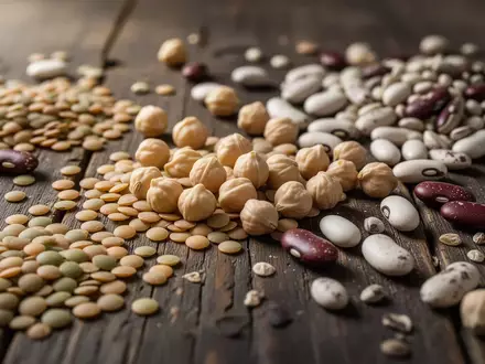 Verschiedene getrocknete Hülsenfrüchte wie Linsen, Kichererbsen und Bohnen auf einem dunklen Holztisch - Foto: über boerse-global.de
